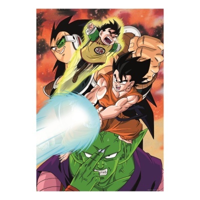 Ilustração colorida de personagens Dragon Ball com energia azul e fundo laranja.
