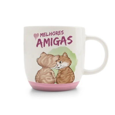 Caneca branca com interior e base rosa e ilustração de dois gatos castanhos com texto MELHORES AMIGAS