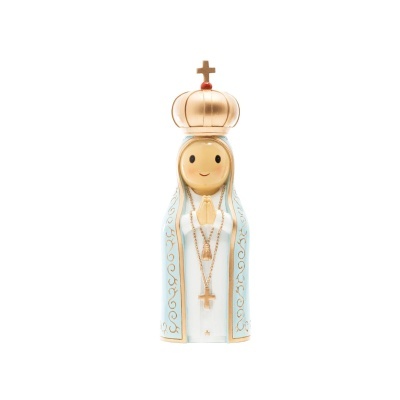 Figura decorativa da Nossa Senhora com coroa dourada e manto branco e azul claro