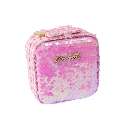 Bolsa pequena rosa com lantejoulas e emblema dourado Girabrilla