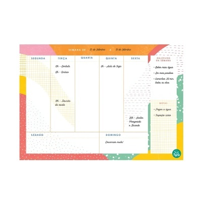 Plano semanal colorido com dias e seções para objetivos e notas