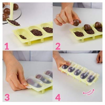 Molde amarelo de silicone para chocolate com tampa transparente, demonstrando encher com granulados e colocar bolas de chocolate.