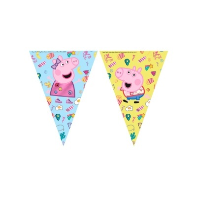Bandeirolas triangulares de festa da Peppa Pig com fundo azul e amarelo