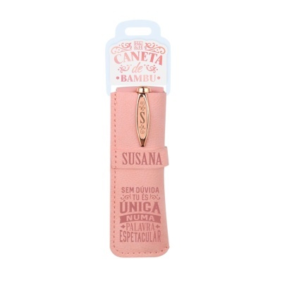 Caneta de bambu rosa em estojo rosa com texto decorativo