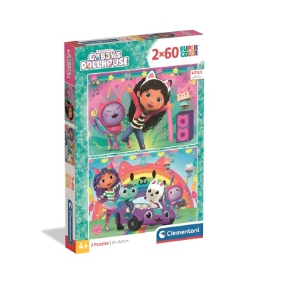 Caixa de puzzles Gabby's Dollhouse com 2x60 peças coloridas.