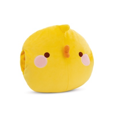 Pelúcia amarela de cabeça de pássaro com bochechas cor-de-rosa e bico laranja