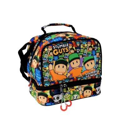 Mochila colorida com personagens do jogo Stumble Guys e textos