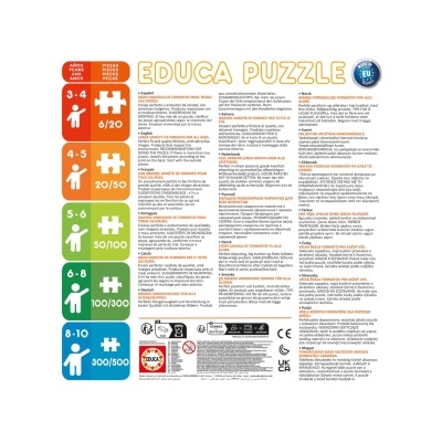 Embalagem com informações e instruções de puzzle Educa Puzzle, texto colorido em fundo branco.