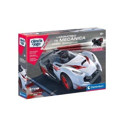 Caixa do brinquedo Laboratório de Mecânica Carro Desportivo branco com detalhes vermelhos e pretos