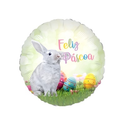 Balão de Páscoa com coelho, ovos coloridos e texto 'Feliz Páscoa'