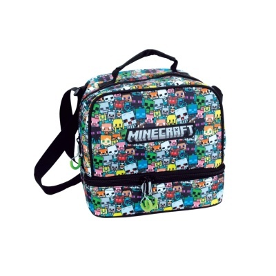 Mochila colorida com padrão de personagens Minecraft e logo