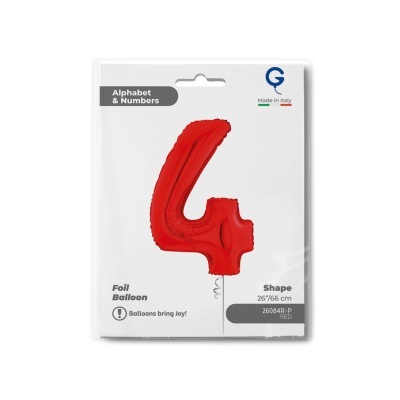 Balão folhado vermelho em forma de número 4 na embalagem