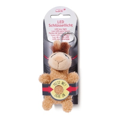 Porta-chave peluche castanho com luz LED e embalagem