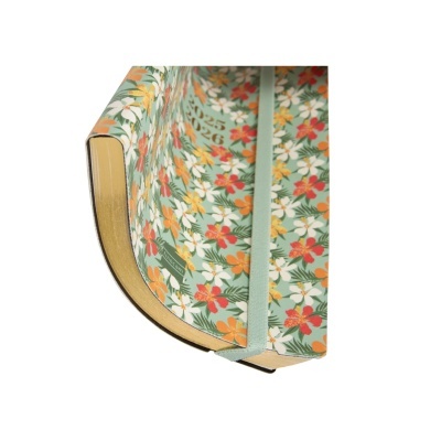 Caderno capa dura floral com elástico e bordas douradas