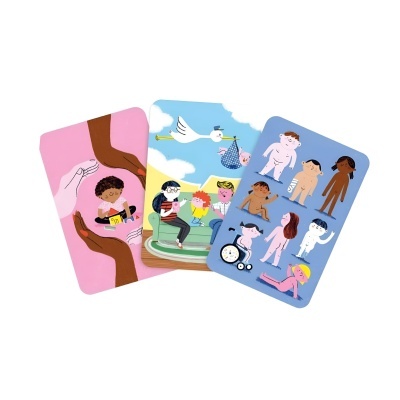 Três cartas com ilustrações infantis de bebés, crianças e diversidade corporal sobre fundos coloridos.