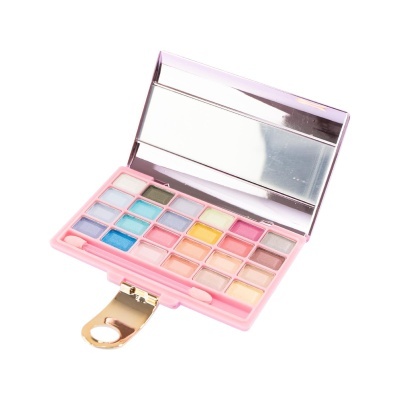 Paleta de sombras coloridas com espelho num estojo rosa