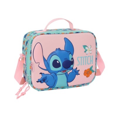 Mala azul e rosa com ilustração do personagem Stitch e desenho de flores