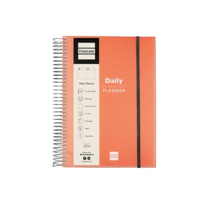 Planner diário finocam laranja com espiral e elástico preto