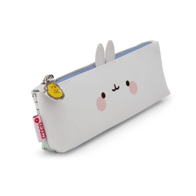 Estojo escolar branco com carinha sorridente e zíper azul