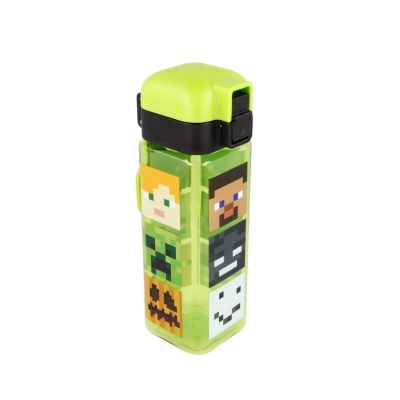 Garrafa de beber verde translúcida com personagens pixelizadas e tampa verde