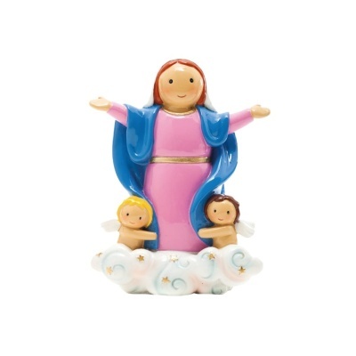 Figurina religiosa feminina com duas figuras infantis e nuvens decorativas