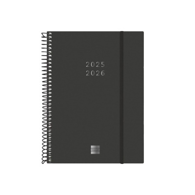 Agenda preta espiral 2025 2026 com elástico vertical e logo Legami Italian Design