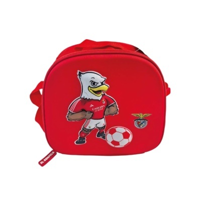 Mochila vermelha infantil com personagem de águia e emblema do Benfica