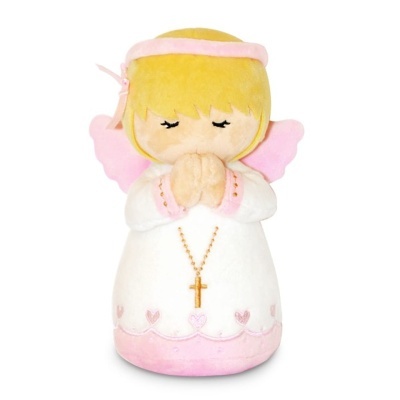 Boneco de peluche de anjo com vestido branco e rosa e asas cor-de-rosa