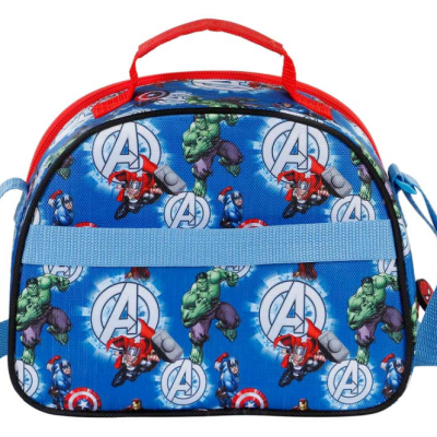 Mala azul dos Avengers com desenhos dos super-heróis e alças vermelhas e azuis