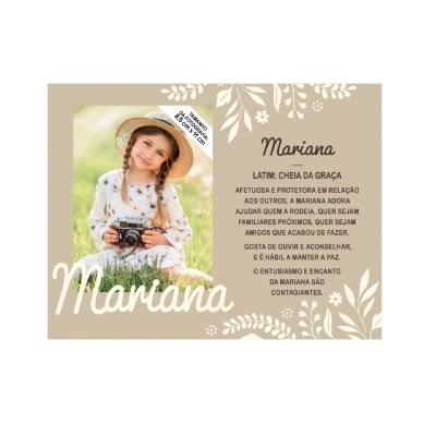 Cartão personalizado com foto de menina e texto sobre personalidade Mariana