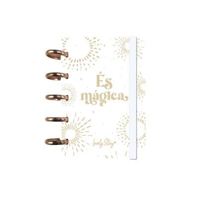 Caderno branco com argolas e texto dourado 'És mágica' e 'lovely things'