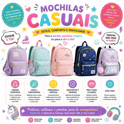 Promoção de mochilas casuais coloridas com designs divertidos e modernos, texto em fundo branco