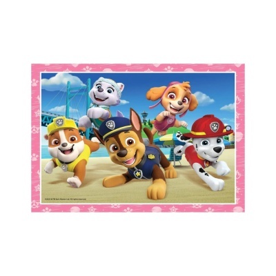 Puzzle com personagens da Patrulha Pata numa praia e moldura rosa com padrões de patas