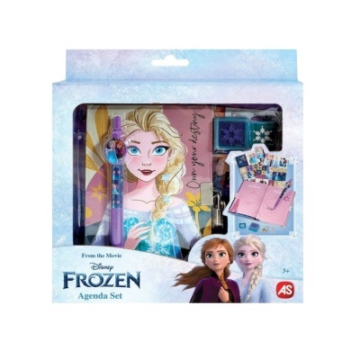 Conjunto de agenda Frozen com caneta e carimbos num estojo azul