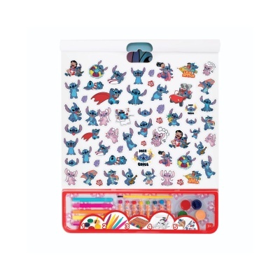 Conjunto de pinturas e canetas coloridas com figuras do Stitch