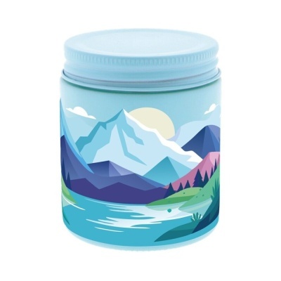 Frasco com tampa azul claro e ilustração de montanhas e lago