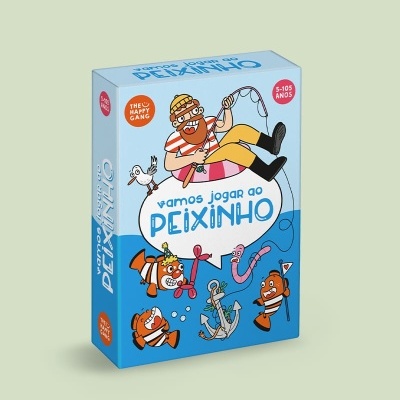 Caixa de jogo infantil azul com ilustração de pescador e peixes, texto 'vamos jogar ao PEIXINHO'