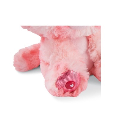 Rabo de peluche rosa com ponta brilhante e botão vermelho com estrela branca