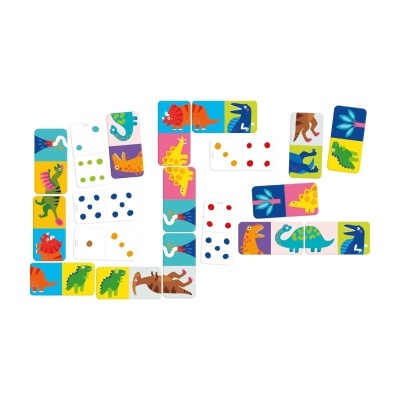 Dominós coloridos com imagens de dinossauros e pontos sobre fundo branco