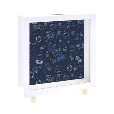 Quadro decorativo branco com padrão azul de videojogos e texto gamer