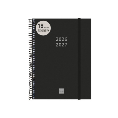 Diário em espiral preto com texto e elástico preto