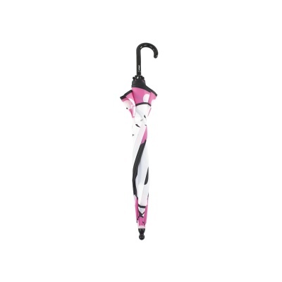 Guarda-chuva fechado com cabo em gancho preto, tecido branco, rosa e preto