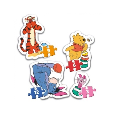 Quatro puzzles com personagens Winnie the Pooh e peças numeradas coloridas