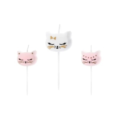 Velas pequenas em forma de cabeça de gato rosa e branca com detalhes dourados.