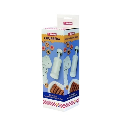 Embalagem de utensílio para fazer churros com texto em castelhano e francês