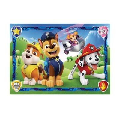 Puzzle infantil da Patrulha Pata com cães animados e fundo de montanhas