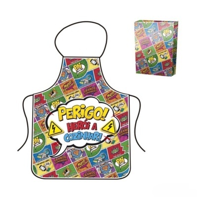 Avental colorido com texto PERIGO! HERÓI A COZINHAR! e padrão de quadrados coloridos