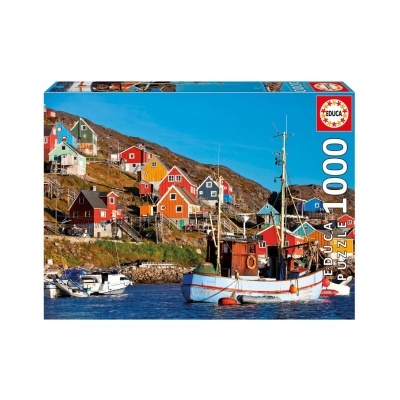Caixa de puzzle com imagem de barco e casas coloridas ao fundo