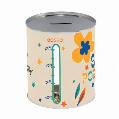 Pote metálico para moedas com decoração colorida e tampa prateada