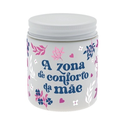 Frasco branco com tampa e decoração floral e texto azul